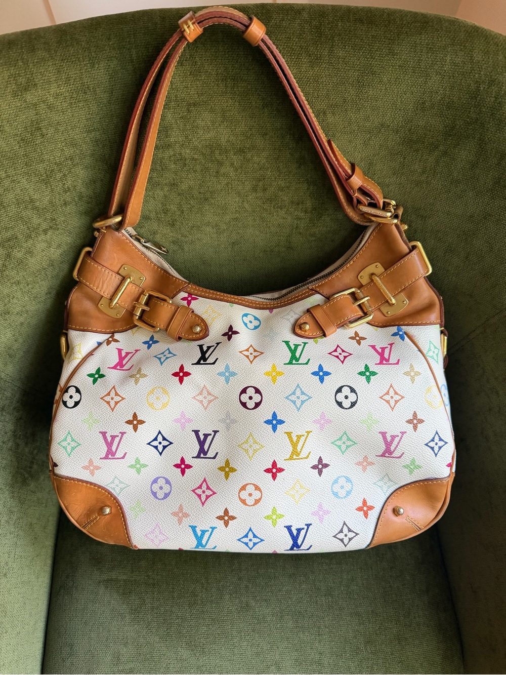 Louis Vuitton Multicolor Monogram White Canvas Shoulder Bag with Tan Trim